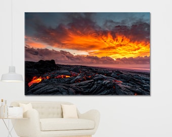 Surface Flow | Multiple Red Hot Lava Flows Hawaii Attractions Art, Hawaii Volcanoes Photo Poster Print, Big Island Art, Volcanic Lava Art