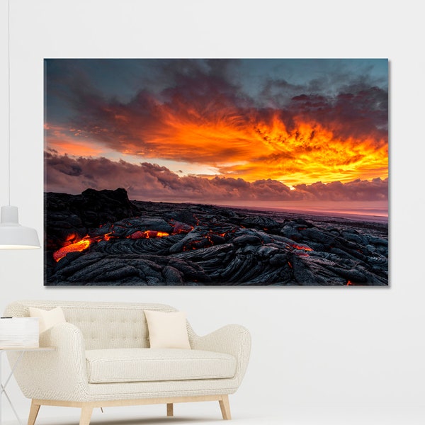 Surface Flow | Multiple Red Hot Lava Flows Hawaii Attractions Art, Hawaii Volcanoes Photo Poster Print, Big Island Art, Volcanic Lava Art