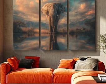 Elephant Artwork, Elephant at Water Reflection Canvas Print, Wildlife Wall Art for Living Room or Office, Nature Prints, Safari Art Decor