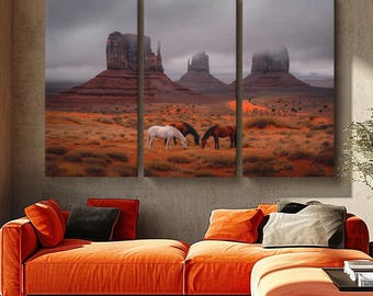 Monument Valley Canvas Print, Desert Western Wall Art, Red Rock Landscape Decor, Monument Valley Large Art Print, Wild Horses Art Decor