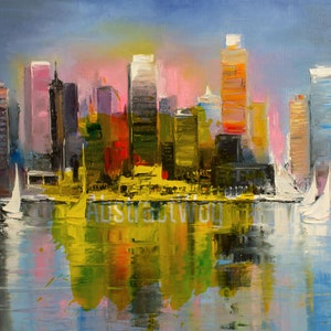 May include: A colorful painting of a city skyline with sailboats in the foreground. The city is reflected in the water. The painting is done in a loose, impressionistic style.