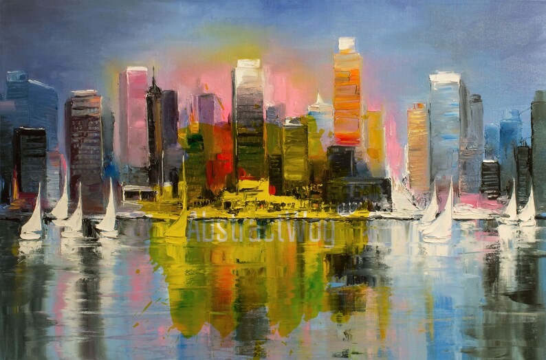 May include: A colorful painting of a city skyline with sailboats in the foreground. The city is reflected in the water. The painting is done in a loose, impressionistic style.