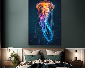 Jellyfish Wall Art, Jellyfish Underwater Canvas Print, Colorful Ocean Art Canvas, Sea Life Decor for Bedroom or Office, Jellyfish Artwork