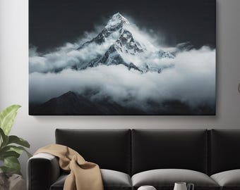 Impresión en lienzo de pico de montaña nevado, arte mural de paisaje de montaña en blanco y negro, decoración natural moderna, obra de arte de montaña grande para el hogar y la oficina.