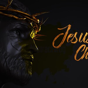 May include: A black and gold image of Jesus Christ with a crown of thorns. The text "Jesus Christ" is written in gold script.