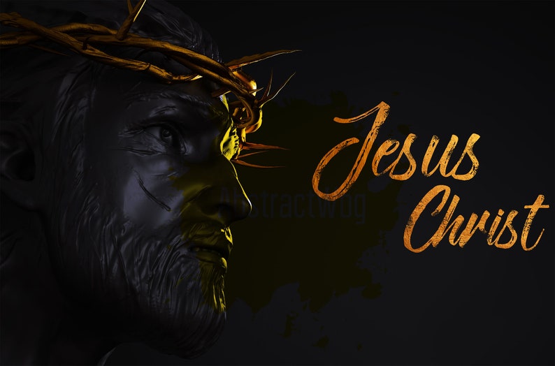 May include: A black and gold image of Jesus Christ with a crown of thorns. The text "Jesus Christ" is written in gold script.