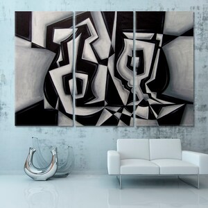 May include: Abstract art print in black and white with geometric shapes and a vase-like form. The print is divided into three panels.