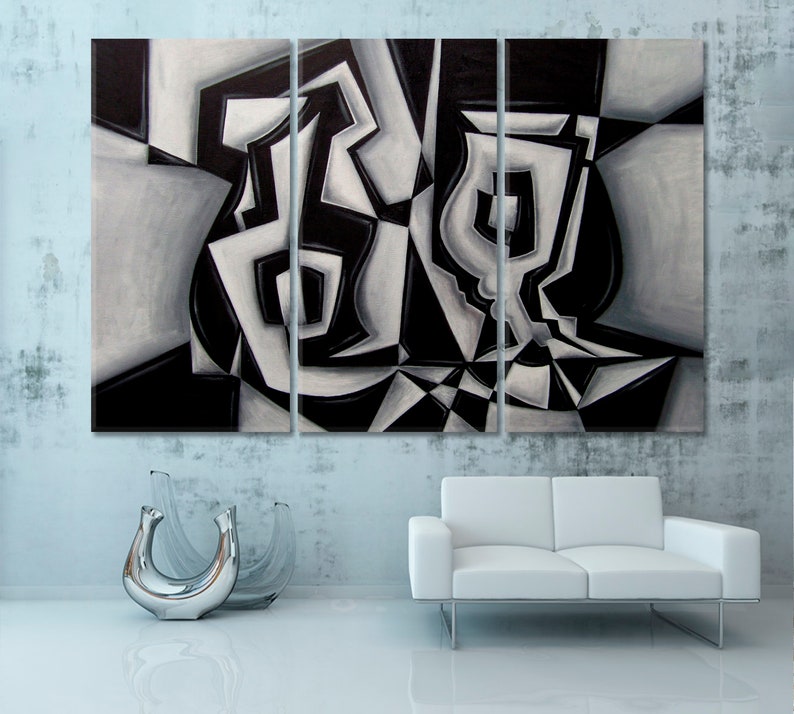 May include: Abstract art print in black and white with geometric shapes and a vase-like form. The print is divided into three panels.