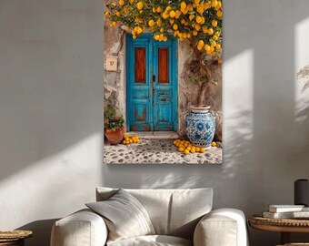 Rustic Blue Door With Lemon Tree Canvas Print, Greek Village Wall