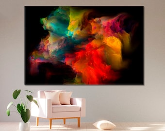 May include: Abstract art print featuring a colorful, swirling cloud-like design in shades of red, yellow, green, blue, and purple against a black background.