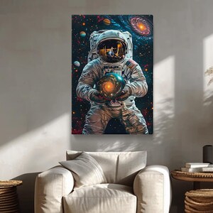 Astronaut Art Print, Astronaut Holding a Galaxy Canvas Print, Futuristic Sci-Fi Space Wall Art, Cosmic Decor for Office or Lounge, Art Gift