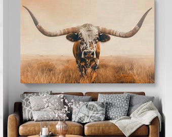 Impression sur toile Texas Longhorn, art mural Texas Longhorn, photo d'art Texas Longhorn, photographie de bovins de ferme, décoration western rustique