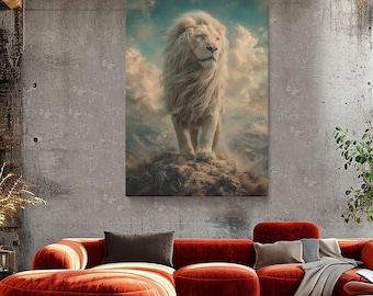 White Lion on Mountain Canvas Print, Wildlife Wall Art for Office or Living Room, Striking Gift for Nature and Animal Lovers