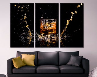 Whiskey Splash Canvas Print Wall Art, Whiskey Glass Photo Canvas Print Wall Art Décor For Home, Drink Art Panels For Office, Bar Wall Art