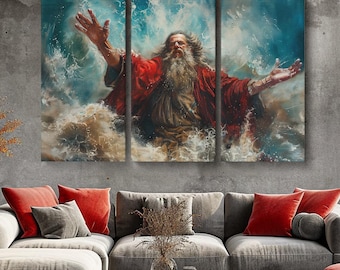 Krachtige Mozes afscheid van de zee canvasafdruk, dynamische bijbelse muurkunst voor kerk of huis, christelijk decorcadeau, Mozes wanddecoratie