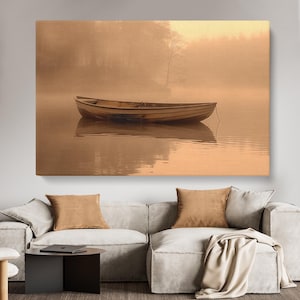 Rowboat Art Canvas, Sepia Rowboat on Misty Lake Canvas Print, Rustic Boat Wall Art, Rowboat on Lake Decor, Relaxing Wall Decor Prints
