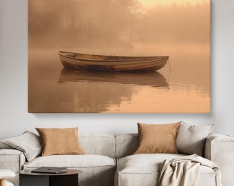 Rowboat Art Canvas, Sepia Rowboat on Misty Lake Canvas Print, Rustic Boat Wall Art, Rowboat on Lake Decor, Relaxing Wall Decor Prints