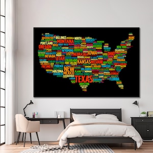 Art mural carte des États-Unis, affiche des villes les plus importantes des États-Unis, collage en nuage de mots carte des États-Unis, impression d'affiche de villes de carte des États-Unis, impression de carte de ville américaine