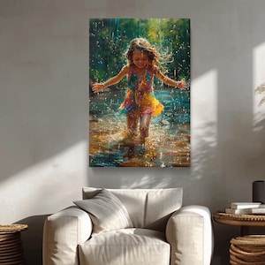 Dancing in Rain Wall Art, Vibrant Girl Rain Dance Canvas Print, Happy Summer Artwork for Kids Room, Rain Artwork, Dancing in Rain Modern Art