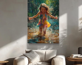 プリントの小さな女の子のアート、黄色いレインコートのアートワーク