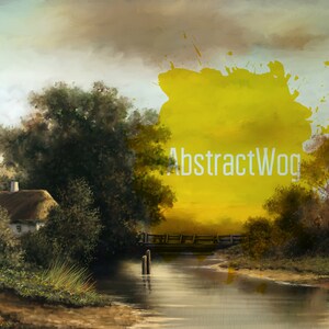 May include: A painting of a rural landscape with a small cottage, a bridge over a river, and trees. The sky is a light blue with clouds, and the sun is shining. The painting is in a muted color palette, with shades of brown, green, and yellow.