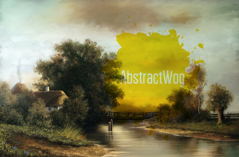 May include: A painting of a rural landscape with a small cottage, a bridge over a river, and trees. The sky is a light blue with clouds, and the sun is shining. The painting is in a muted color palette, with shades of brown, green, and yellow.