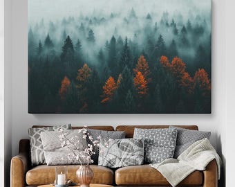 Foggy Forest Art Print, Misty Autumn Forest Canvas Print, Foggy Mountain Landscape Wall Art, Foggy Forest Wall Hangings, Forest Art Decor