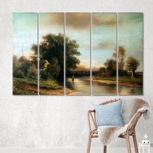 May include: A multi-panel painting depicting a rural landscape with a small cottage, a river, and trees. The sky is a soft blue with clouds, and the water is a calm, reflective surface. The painting is done in a realistic style with warm, earthy tones.