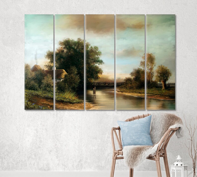May include: A multi-panel painting depicting a rural landscape with a small cottage, a river, and trees. The sky is a soft blue with clouds, and the water is a calm, reflective surface. The painting is done in a realistic style with warm, earthy tones.