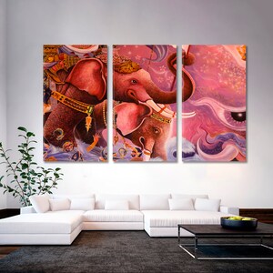 May include: A three-panel canvas print depicting a pink and white elephant with intricate details. The elephant is surrounded by swirling pink and purple clouds and a large eye. The print is a vibrant and colorful piece of art.