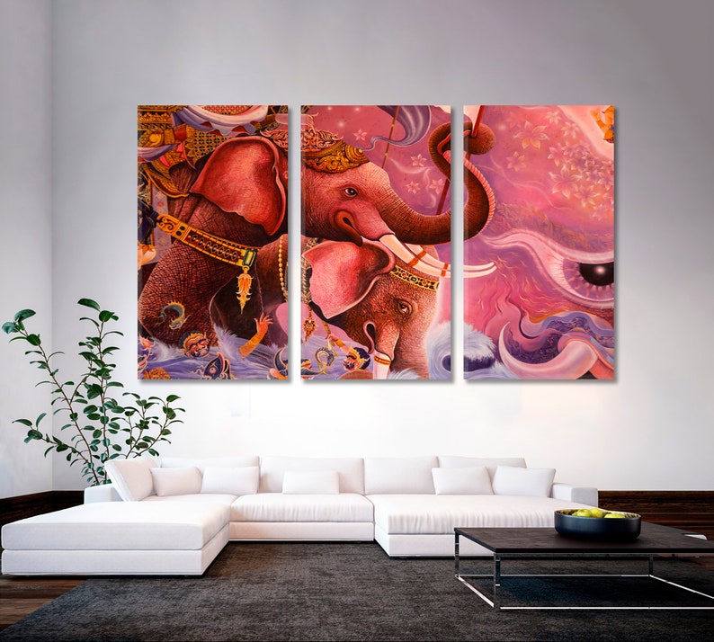 May include: A three-panel canvas print depicting a pink and white elephant with intricate details. The elephant is surrounded by swirling pink and purple clouds and a large eye. The print is a vibrant and colorful piece of art.