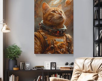 Astronaut Cat Canvas Print, Space Cat Wall Art, Sci-Fi Cat Decor for Bedroom or Office, Orange Tabby Cat Galaxy Picture Print Interior Decor