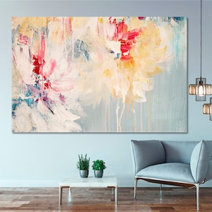 Arte de parede com flores, decoração com tela de flores abstratas florais, arte vívida, arte de interior abstrata moderna, painéis de parede contemporâneos e delicados