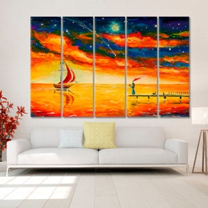 Gelbes Meer Wand Kunst | Fantasy Art Innenwanddekor, großer Mond fallender Komet Leinwandkunst, rot blaue Wolken Sternenhimmel Kunstwerk, Kunst für Zuhause