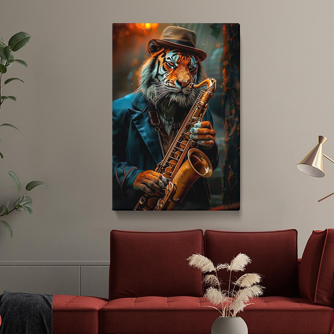 Jazz Tiger Canvas Print, Saxophone Music Wall Art, Jazz Art