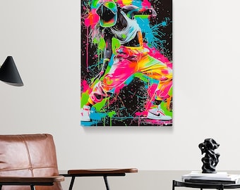 Levendige hiphopdans kunst aan de muur, neon streetdance canvas print, urban dance decor, graffiti canvas, hiphop levendige muur decor minimalistische kunst