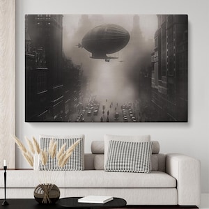 Luftschiff Wandkunst, Steampunk Luftschiff über Stadt Leinwanddruck, Altstadt Großer Kunstdruck, Vintage Alte Stadt Wanddekoration, Vintage Kunst für Büro