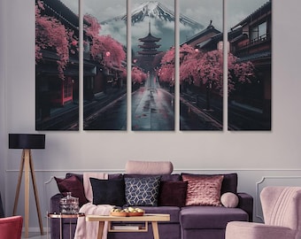 Berg Fuji Leinwand Druck, Kirschblüten Straße Wandkunst, Berg Fuji Kunstwerk, Kirschblüten Kunstwerk, Asiatisches Wohndekor