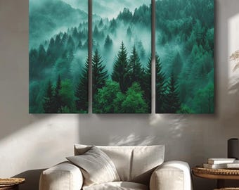 Misty Forest Canvas Print, Foggy Forest Wall Art, Green Forest Landscape Decor, Misty Mountain Landscape, Mountain Large Art Print