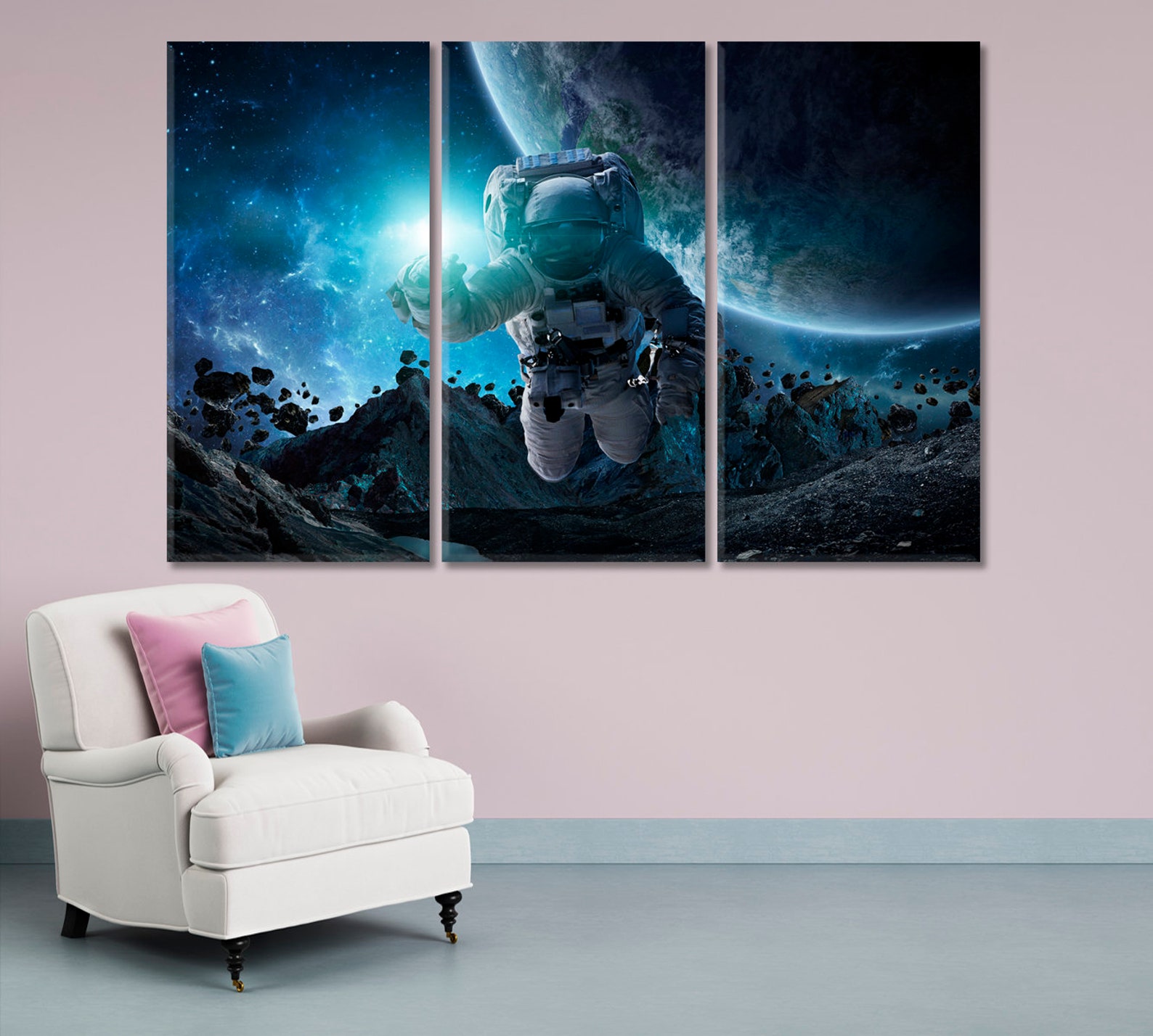 Space Travelers Wall Art Print, Astronaut Space Floating Planets Print ...