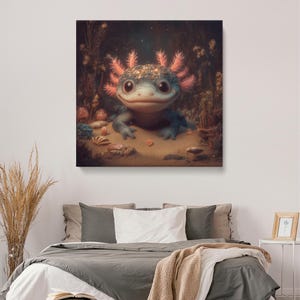 Axolotl Picture Print, Adorable Coral-Crowned Axolotl Canvas Print, Underwater Wall Art for Nursery or Kids&#39; Room, Fantasy Axolotl Artwork