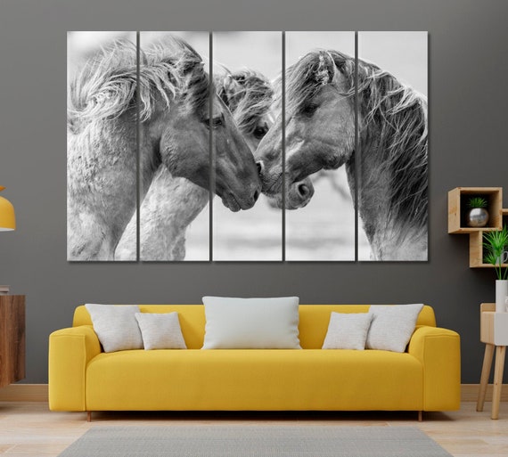 Horses Black and White Vintage Style Canvas Print Wall Art Décor