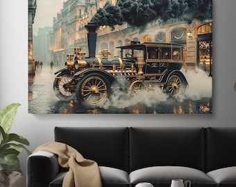 May include: A canvas print depicting a vintage steam-powered vehicle, set against a European city backdrop. The vehicle is black and gold, with intricate details and billowing black smoke. The scene is wet, with reflections on the ground, and evokes a sense of historical charm.