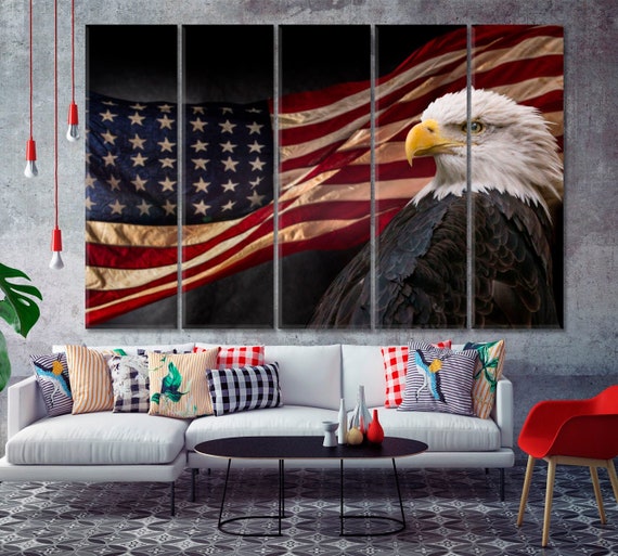 Powerful America Patriotic Symbols Wall Art, American Bald Eagle Poster Print, USA Flag Decor, Eagle Canvas Art, United States Wall Artwork