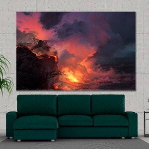 May include: A fiery orange lava flow erupts from a cliff into the ocean, creating a dramatic scene with billowing smoke and a dark, stormy sky.