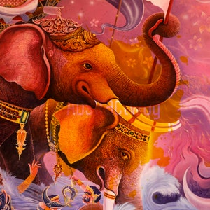 May include: A colorful painting depicting two elephants with ornate headwear and jewelry. The elephants are painted in shades of pink, orange, and brown, and the background is a vibrant pink with swirling patterns.