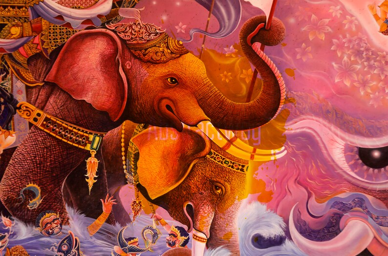May include: A colorful painting depicting two elephants with ornate headwear and jewelry. The elephants are painted in shades of pink, orange, and brown, and the background is a vibrant pink with swirling patterns.