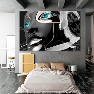 May include: A digital art print featuring a close-up of a robot's face with metallic silver and black details. The robot has bright blue eyes and a serious expression.