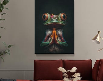 Färgglad kanvastavla med bedjande groda, väggkonst för yogagrodorum, grodkonstverk, dekor för meditationsutrymme, utmärkt present för naturälskare