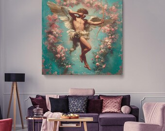 Cupid Canvas Print, Romantic Angel Wall Art with Bow and Arrow, Love Art Canvas, Cupid Art, Angel Gift For Lover, Cupid Wall Hangings